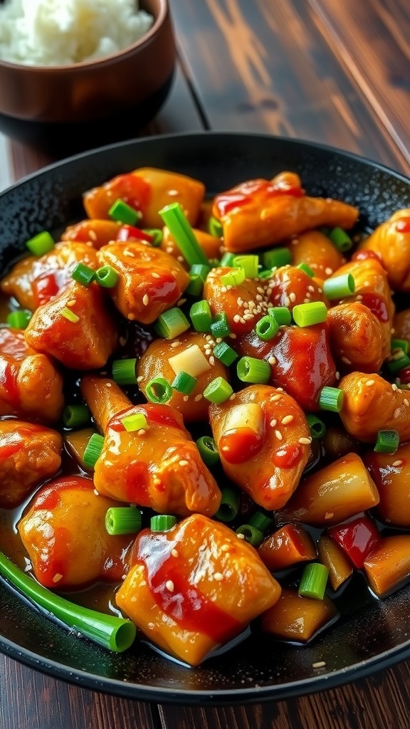 Spicy garlic chicken served on a plate with vegetables and garnished with green onions and sesame seeds.